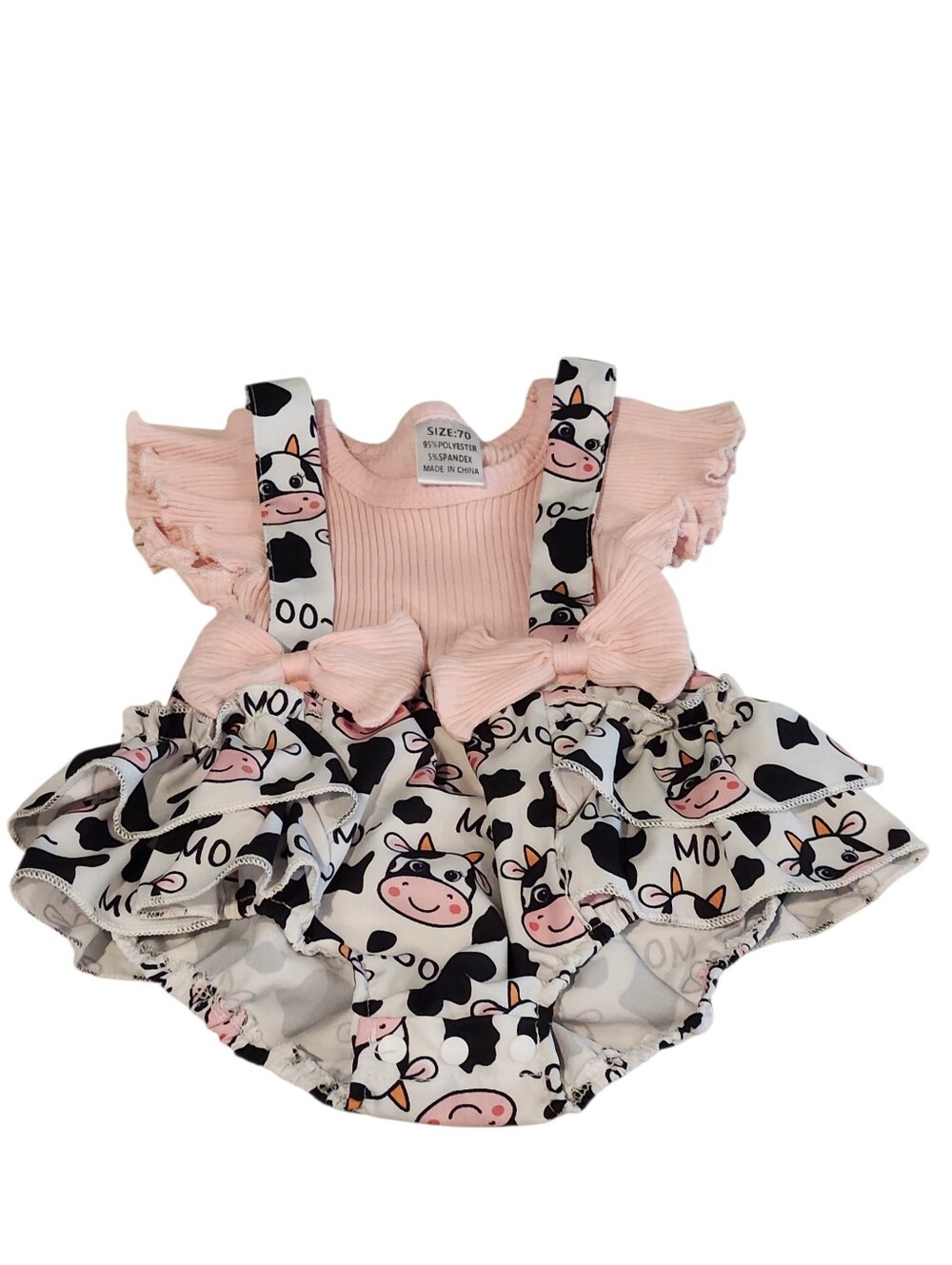 Pink Cow Print Ruffle Romper with Bows And Snap Bottom